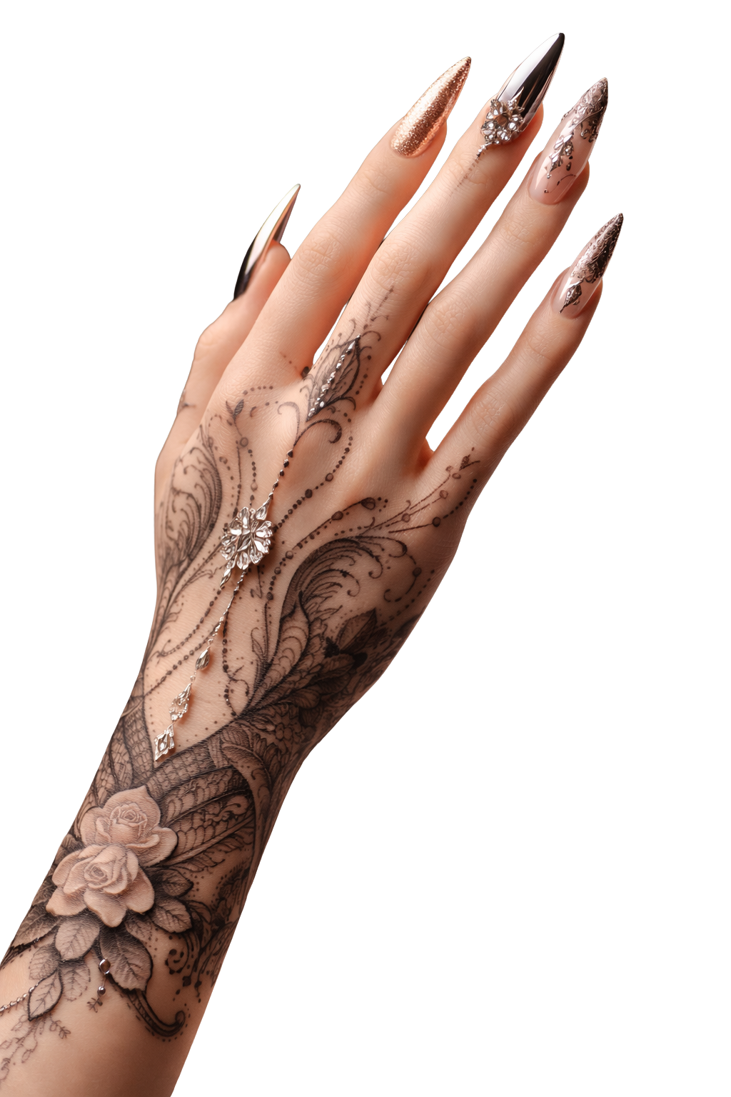 Left hand with nails and tattoo