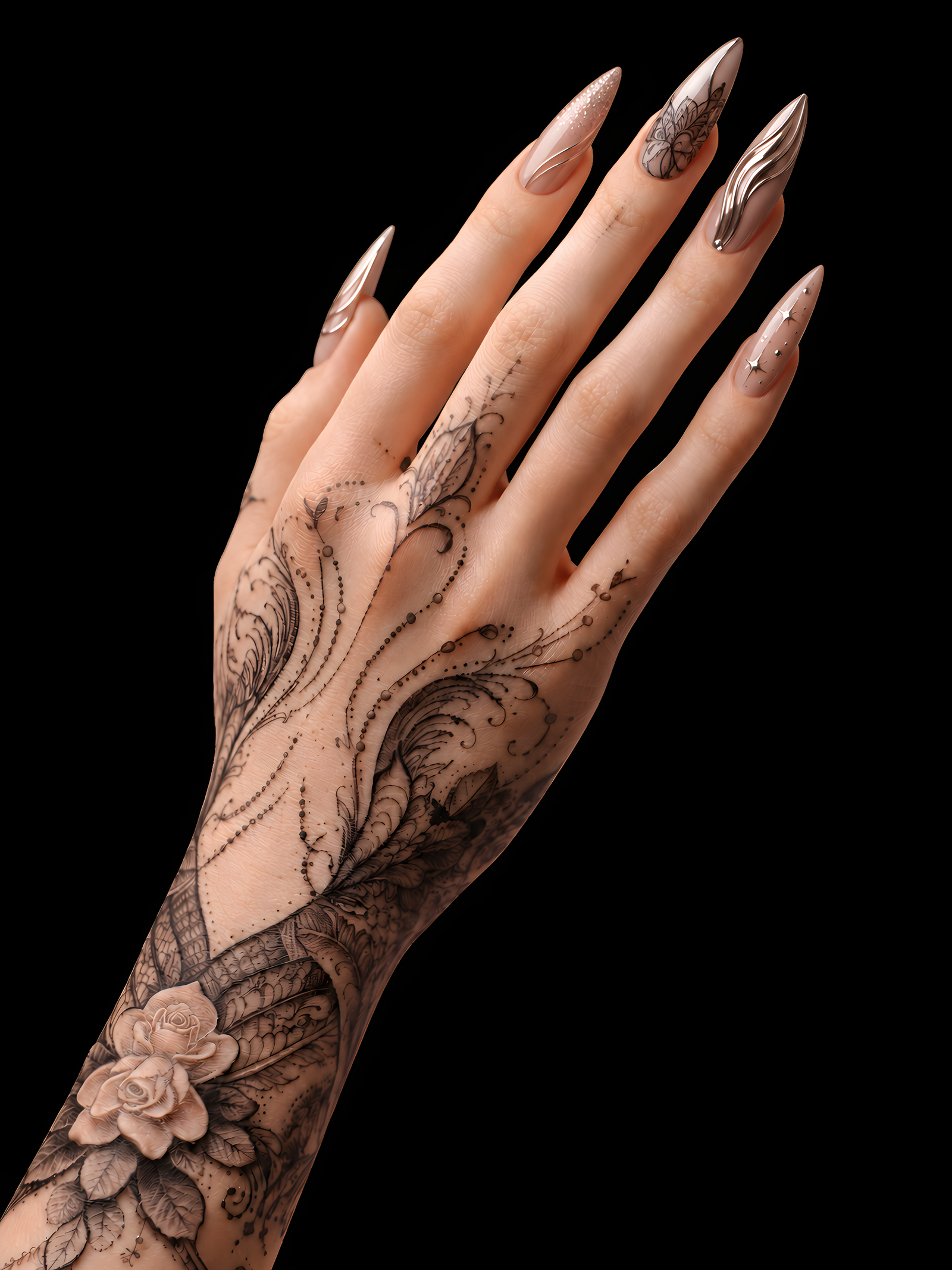 Left hand with nails and tattoo