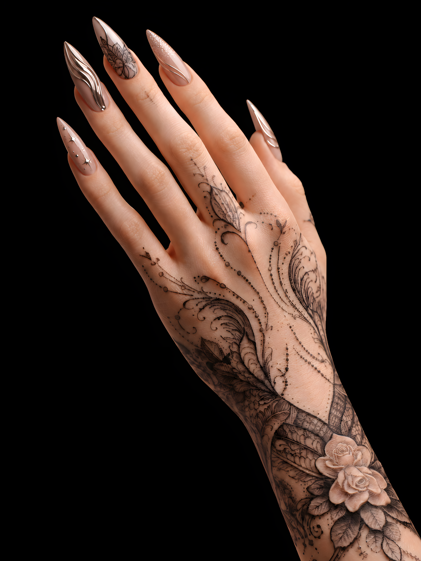 Right hand with nails and tattoo