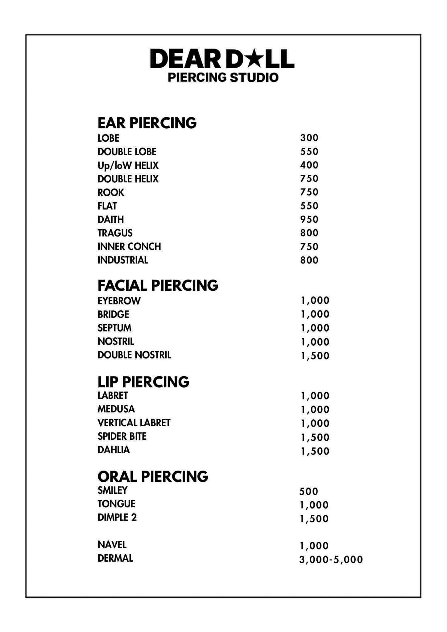 Piercing price list