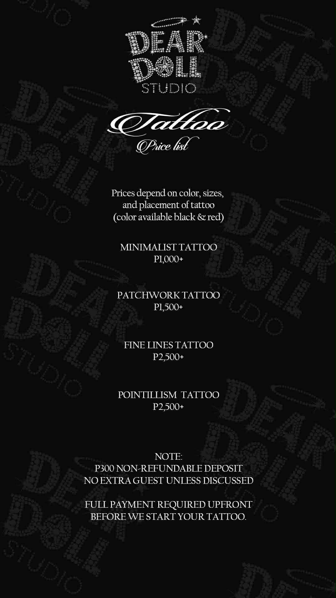 Tattoo price list